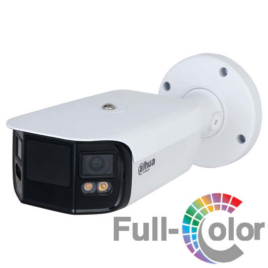 Cámara Dahua IP Bala Full-Color Panoramica 180° IA 2x4MP LED40 Alarma 1/1 Audio 1/1 SlotMicroSD IP67
