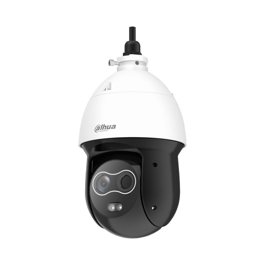 Cámara Dahua IP PT Hibrida Termal 256 x 192 Optico 4 MP Alarma 2/1 Slot MicroSD IP66 Detección Incendio Sin Medición Temperatura